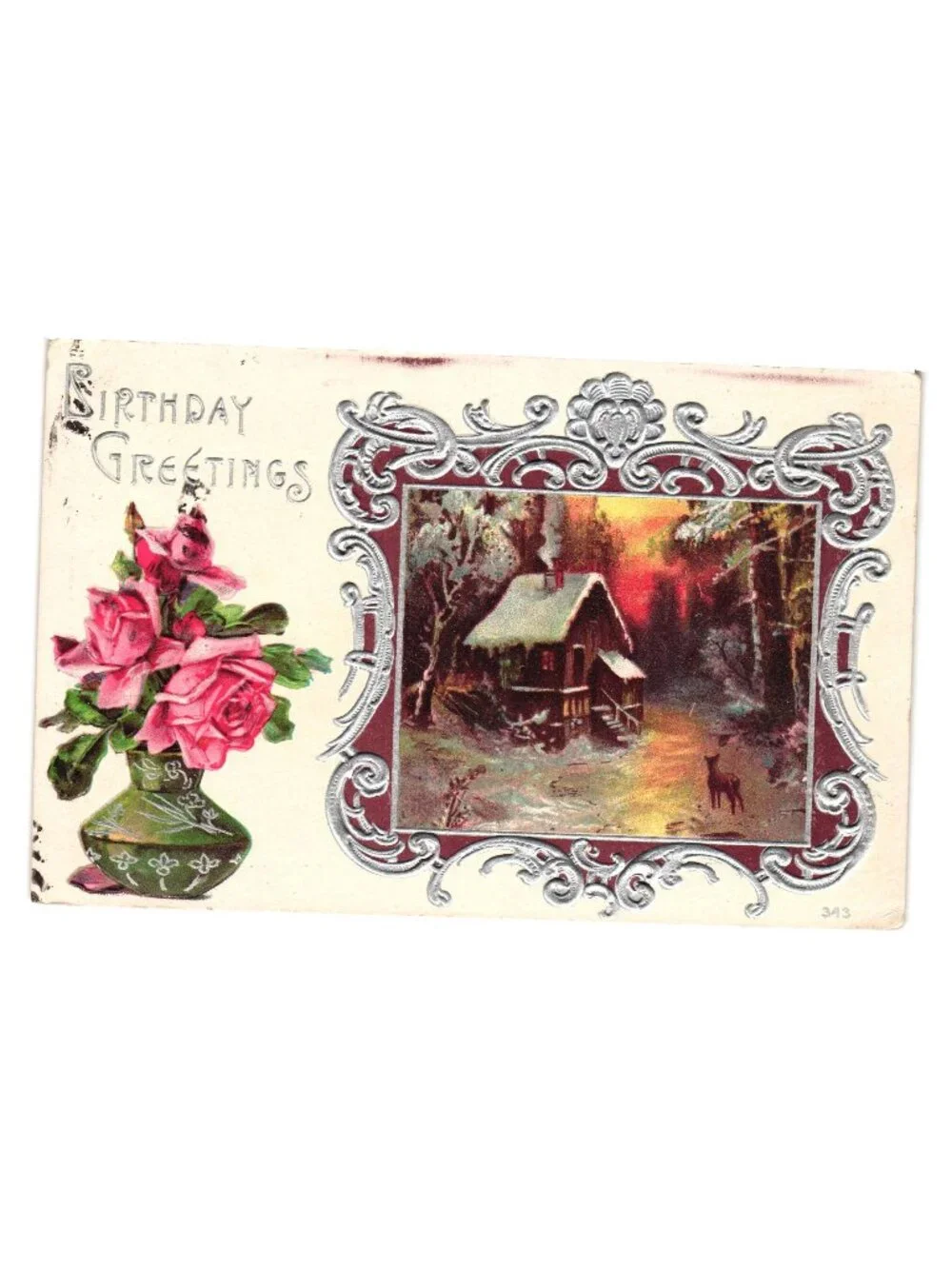 Vintage Embossed Birthday Greetings Postcard Roses Landscape Cabin Scene Posted